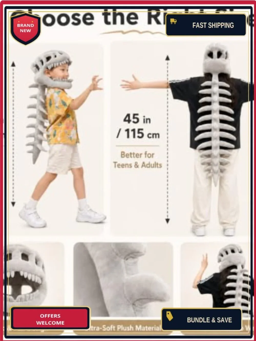 Dinosaur Skeleton Costume 3D Spinosaurus Skull Mask Plush Tail